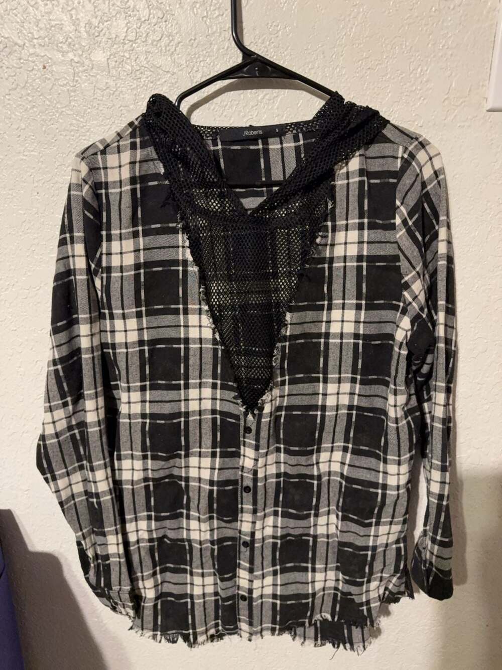 JRoberts Black and White Plaid Distressed Mesh Hooded Shirt Size S